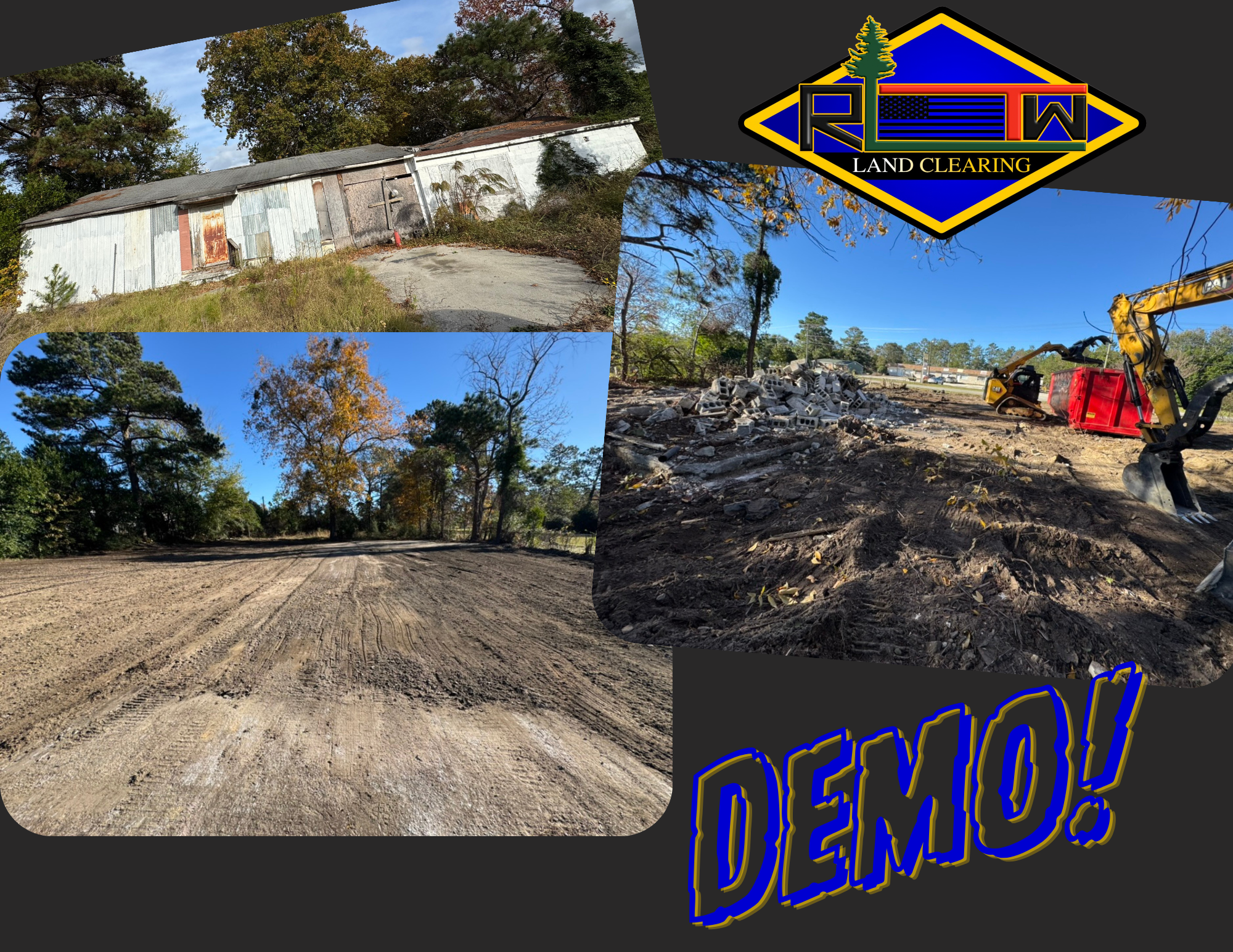 There are 3 pictures, one of the before where there is an old building, one of the during where you can see rumble being placed in the dumpster with our machines, and the after where the lot is nice and smoothed out. additional there is an RLTW logo on the top right and the word DEMO on the bottom right.