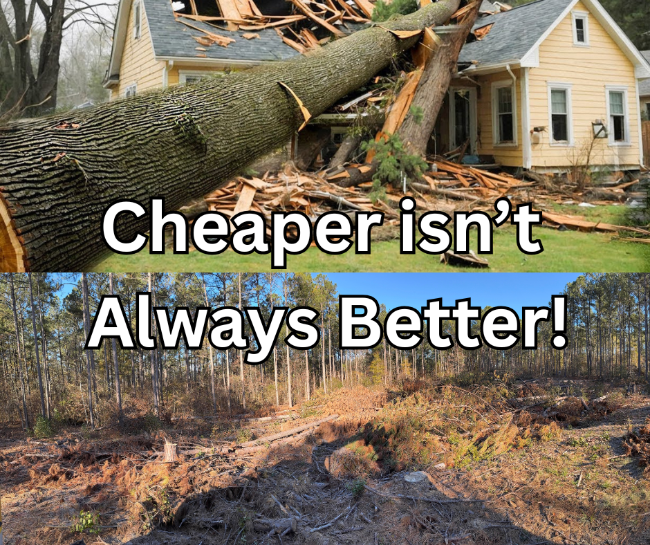 Cheaper isn't always better. The picture shows a tree that fell on a house after being cut down and the bottom portion shows land where trees and stumps were left half way through.